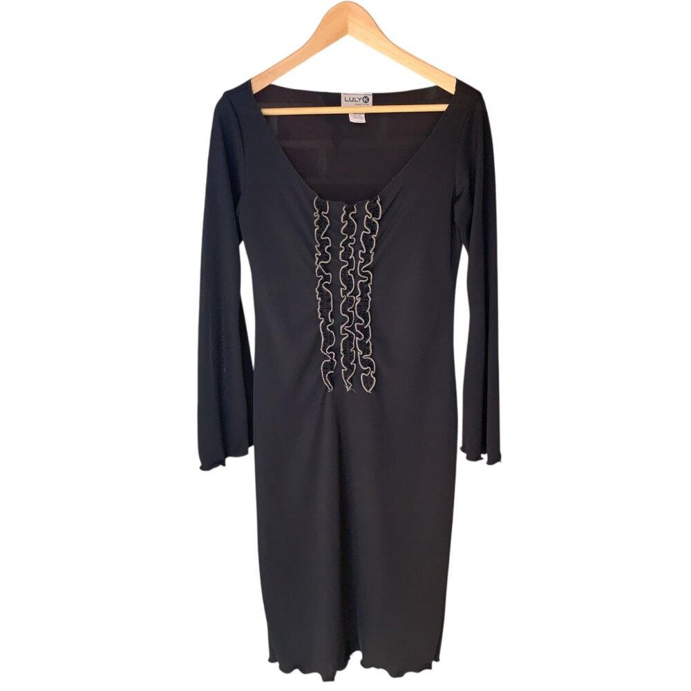 Vintage Luly K Sheer Black Midi Dress With Ruffle Front Bell Sleeves Sz L Witchy